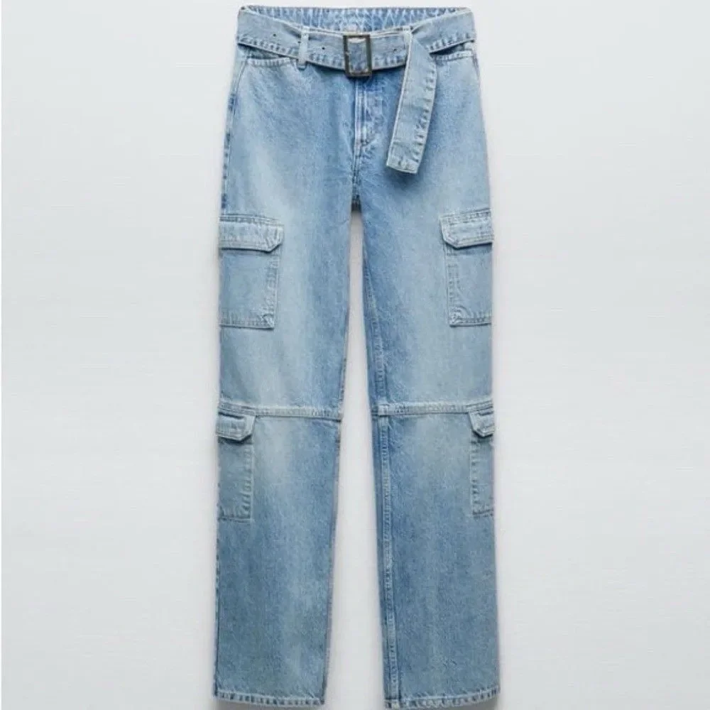 Zara Women's Light Blue Denim Belted Cargo Jeans SZ 4